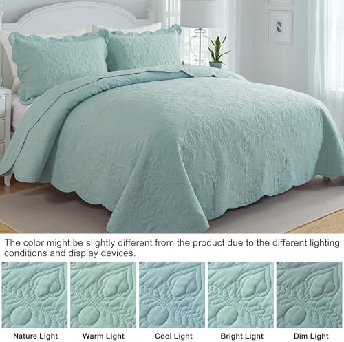 HoneiLife Quilt Set Queen Size - 3 Piece Queen Quilt Bedding Set Microfiber Quilt Sets Lightweight Bedspreads Reversible Coverlets Retro Bed Cover Floral Bedding Set All Season Quilts-Sage Green
