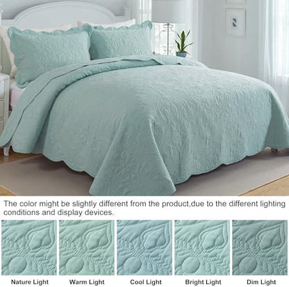 HoneiLife Quilt Set Queen Size - 3 Piece Queen Quilt Bedding Set Microfiber Quilt Sets Lightweight Bedspreads Reversible Coverlets Retro Bed Cover Floral Bedding Set All Season Quilts-Sage Green