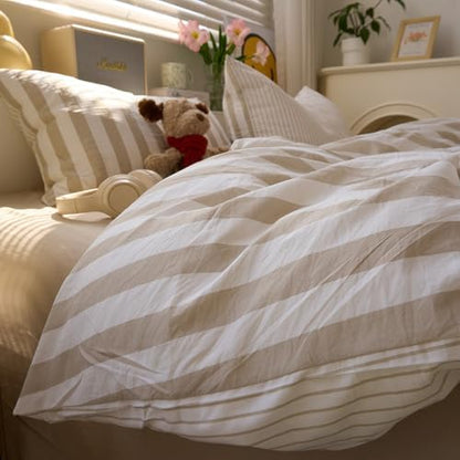 VM VOUGEMARKET Kids Teens Twin Duvet Cover Set Khaki Striped Bedding Set Khaki White Stripes Duvet Cover with 2 Pillowcases Soft Lightweight Microfiber Farmhouse Comforter Cover-68 x86
