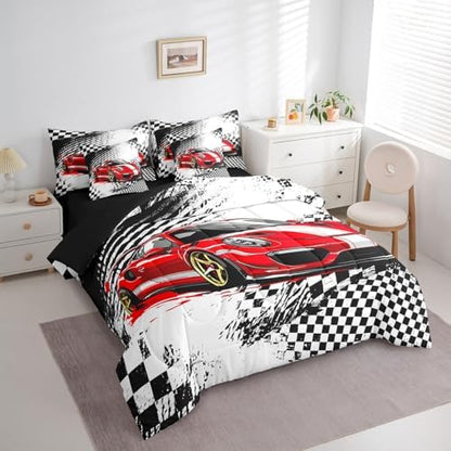jejeloiu Red Race Car Comforter Set with Sheets 7 Piece Twin Size