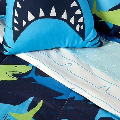 Northwest Classics Twin Sized Shark Adventure 6-Piece Bed in a Bag Set, All Seasons Bedding for Girls and Boys, Comforter, Flat Sheet, Fitted Sheet, Pillowcase, Pillow, Sham