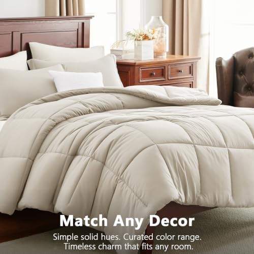 CozyLux Queen Size Comforter Set, 3-Piece Box-Stitched, Beige