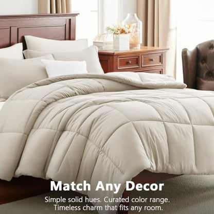 CozyLux Queen Size Comforter Set, 3-Piece Box-Stitched, Beige