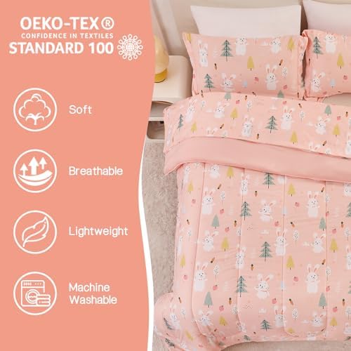 Yibeizi Pink Bunny Kids Comforter Set for Girls Twin Cute Bedding