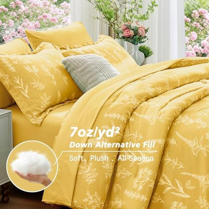 MUXHOMO Bright Yellow Bed in a Bag Queen 7 Pieces, Queen Comforter Set Reversible Botanical Flowers Design, Ultra Soft & Breathable Bedding Sets with Comforter, Sheets, Pillowcases & Shams