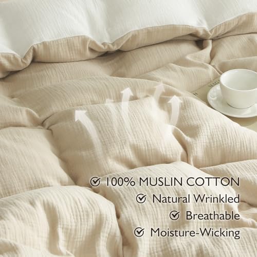EMME Muslin Cotton Duvet Cover Set Linen Like Beige&White Twin