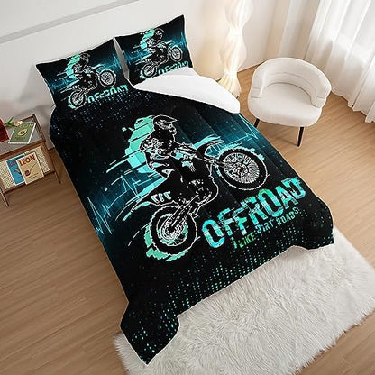 HOSIMA Extreme Sport Theme Comforter Motorcycle Twin Bed in a Bag for Boys Kids Teens,Dirt Bike Tournament Kids Game Room Decor,Motocross Rider Black Comforter with 2 Pillowcases.