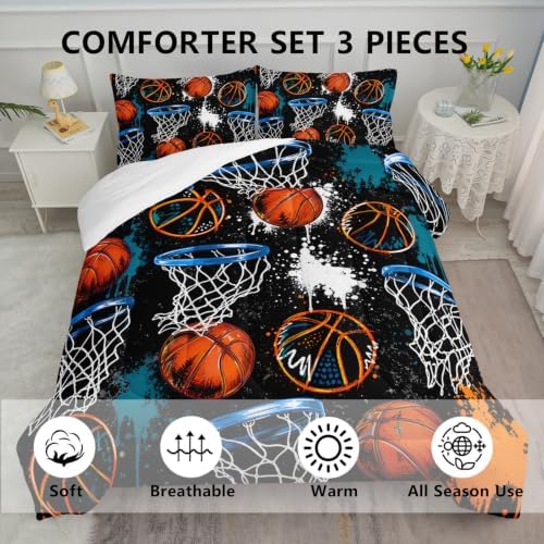 Axolotl Basketball Comforter Set King Size,Basketball Sports Comforter Set,Ball Sport Bedding,Sports Theme Bedding,Grunge Aesthetic Cool Bed for Boys Kids Men,1 Quilt 2 Pillowcases