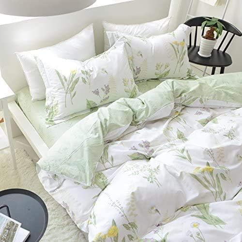 FADFAY Farmhouse Premium Shabby Green Daisy and Botanical Lavender Flowers 100% Cotton Bedding Set King Duvet Cover Set with Hidden Zipper Closure 3-Piece:1 Duvet Cover & 2Pillowcases