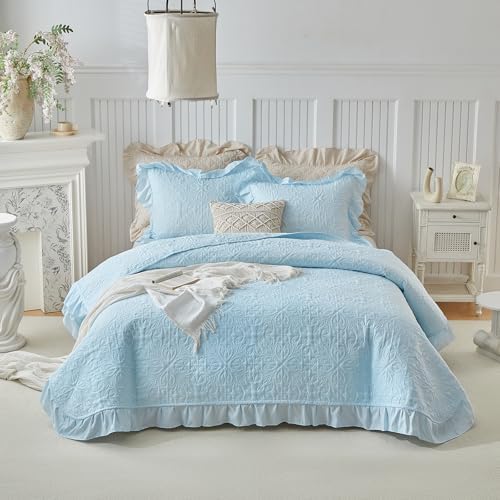 Ruffles Quilt Set King Size 96 * 108 in - 3 Pieces Solid Shabby Chic Farmhouse Ruffled Bedding Rustic Coverlet Lightweight Fluffy Summer Oversized Bedspread with Shams for Women Men Light Blue