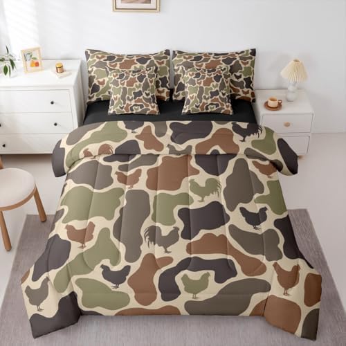 Erosebridal Rustic Camouflage Bedding Set Full Chicken Camo Farmhouse Comforter Set 7 Piece Western Farm Animals Bed in A Bag for Kids Vintage Army Green Camo Rooster Quilt with Flat Fitted Sheet
