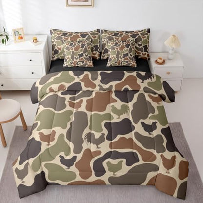 Erosebridal Rustic Camouflage Bedding Set Full Chicken Camo Farmhouse Comforter Set 7 Piece Western Farm Animals Bed in A Bag for Kids Vintage Army Green Camo Rooster Quilt with Flat Fitted Sheet
