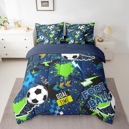 Erosebridal Boys Soccer 7 Piece Bedding Set King Size,Lightning Football Bed in a Bag,Sports Ball Game Bed Set Includes Comforter, Sheet Set, Pillowcases & Pillow Covers All Season Bedroom Decor