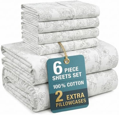 Casa Platino 100% Cotton King Sheet Set – 6 Piece King Sheet Set King with Crisp Cool & Soft Feel, with 15 Inch Deep Pocket Fitted Sheet, Breathable & Cozy for a Good Nights Sleep – Ashpetal