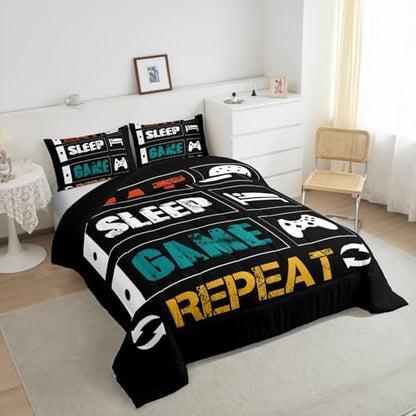 Boys Gaming Comforter Sets for Kids Full Size Gamer Bedding Set Teens Video Games Comforter Duvet Room Decor Funny Creative Eat Sleep Game Repeat Design Reversible Inner Fill Quilt Set All Season