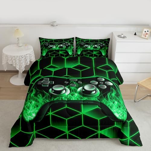 Green Game Console Comforter Set for Boys Gamer Gifts,Neon Geometric Gamer Bedding Set,3D Geometric Boys Comforter Set Flame Gaming Consoles Decor for Bedroom Decor