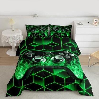 Green Game Console Comforter Set for Boys Gamer Gifts,Neon Geometric Gamer Bedding Set,3D Geometric Boys Comforter Set Flame Gaming Consoles Decor for Bedroom Decor