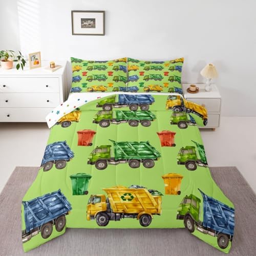 Erosebridal Boys Garbage Trucks King Comforter Set, Trash Truck Bedding Set, Cartoon Car Comforter for Teens Men Kids Room Decor, Colourful Trash Cans Green Quilt with 2 Pillowcases, 3 Piece