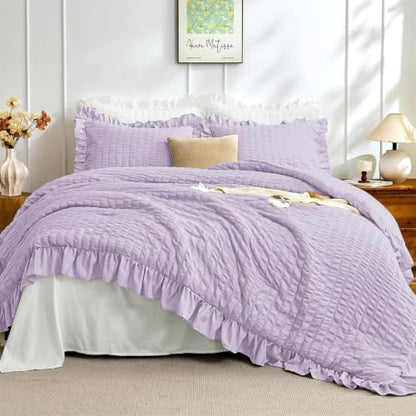 JOLLYVOGUE Lavender Queen Comforter Set, 3 Pieces Seersucker Comforters Queen Size, Lightweight & Fluffy Bedding Sets Queen for All Season with 1 Ruffle Comforter and 2 Ruffle Pillowshams