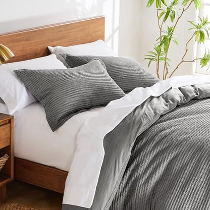 Levtex Home Cloud Waffle Full/Queen Comforter Set (90x94in) with 2 Pillow Shams (26x20in) - Solid Waffle Cotton Texture - Grey - 100% Cotton Full/Queen Size Comforter Set - Soft, Pre-Washed