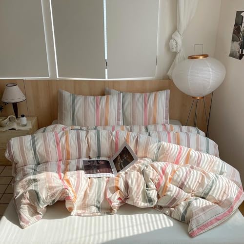mixinni Pastel Rainbow Stripes Comforter Set Full 3 Piece - Striped Bedding Set with Fluffy Comforter & 2 Pillowcases, Lightweight All Seasons, Sweet Boho Aesthetic for Girls Women Teens