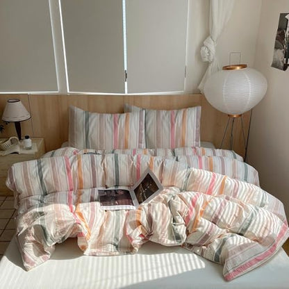 mixinni Pastel Rainbow Stripes Comforter Set Full 3 Piece - Striped Bedding Set with Fluffy Comforter & 2 Pillowcases, Lightweight All Seasons, Sweet Boho Aesthetic for Girls Women Teens