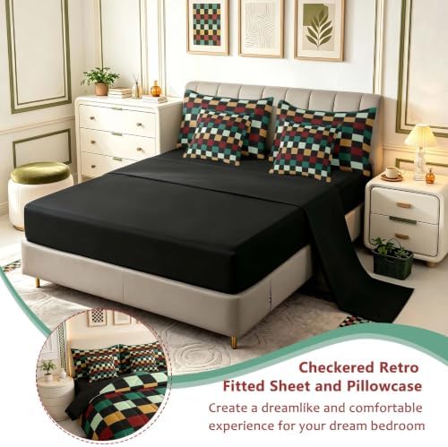 Checkered Retro Comforter Set With Sheets 7 Piece King Size Green Red Yellow Plaid Bedding Set for Kids Boys Girls Geometric Vintage Bed in a Bag Modern Simple Groovy Aesthetic Room Decor Soft