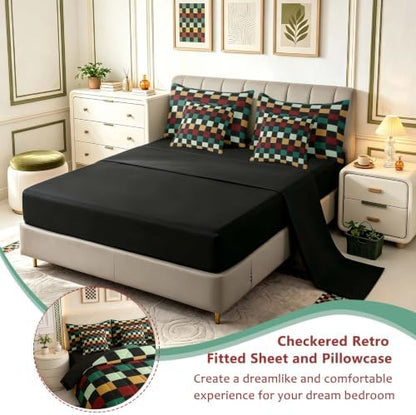 Checkered Retro Comforter Set With Sheets 7 Piece Twin Size Green Red Yellow Plaid Bedding Set for Kids Boys Girls Geometric Vintage Bed in a Bag Modern Simple Groovy Aesthetic Room Decor Soft