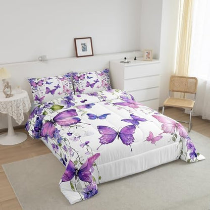 jejeloiu Purple Butterfly Comforter Set Queen Size Kids Floral Flower Bedding Set for Boys Girls Teens Lavender Duvet Breathable Spring Quilt Bedroom Decor,1 Comforter with 2 Pillowcase