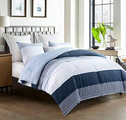 SLEEPBELLA Comforter Queen Size, 600 Thread Count Cotton White and Navy Striped Patchwork Reversible Pattern Reversible Blue Comforter Set,Down Alternative Bedding Set 3Pcs (Queen, Blue Patchwork)