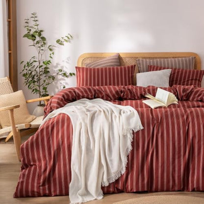 BESTOUCH Striped Cotton Duvet Cover Set Linen Feel Oversized Full