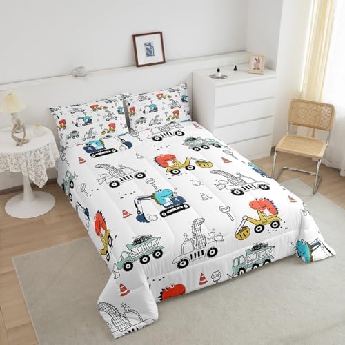 Feelyou Kids Construction Comforter Set Cartoon Dinosaur Bedding Twin Size Tractor Vehicle Truck Comforter for Boys Girls Jungle Dino Quilt Set Yellow Blue Soft