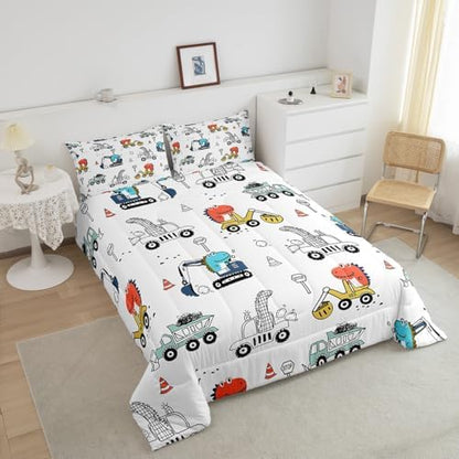 Feelyou Kids Construction Comforter Set Cartoon Dinosaur Bedding Twin Size Tractor Vehicle Truck Comforter for Boys Girls Jungle Dino Quilt Set Yellow Blue Soft