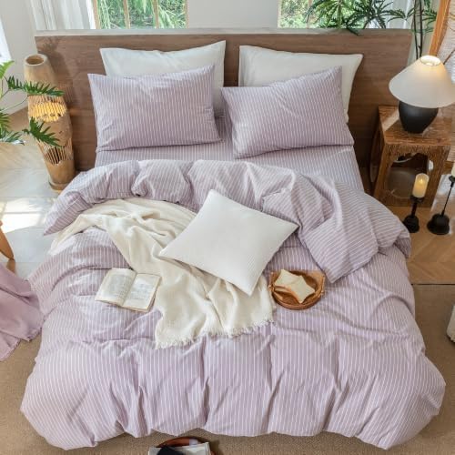 MooMee Striped Duvet Cover Set 100% Washed Cotton Linen Like Queen