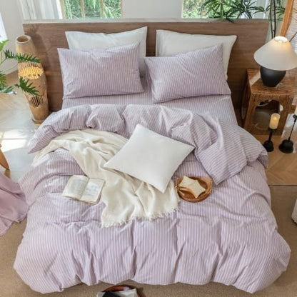 MooMee Striped Duvet Cover Set 100% Washed Cotton Linen Like Queen