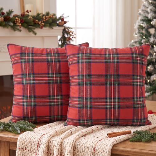 AVOIN colorlife Christmas Red Green Plaid Decorative Throw Pillow Covers, 16 x 16 Inch Holiday Scottish Tartan Cushion Case Farmhouse Decoration for Sofa Couch Set of 2