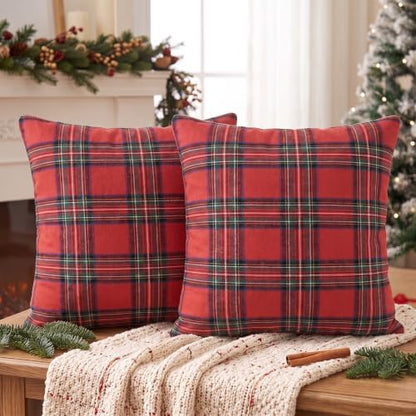 AVOIN colorlife Christmas Red Green Plaid Decorative Throw Pillow Covers, 16 x 16 Inch Holiday Scottish Tartan Cushion Case Farmhouse Decoration for Sofa Couch Set of 2