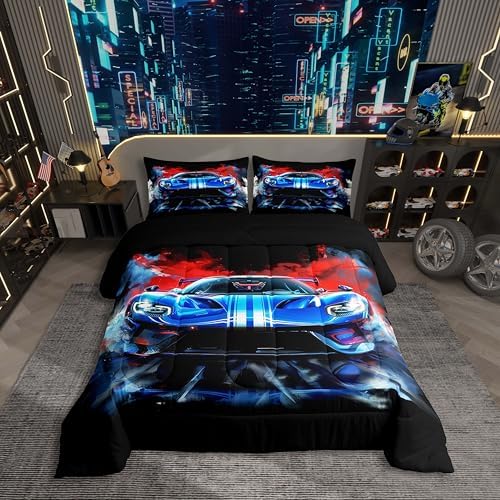 Erosebridal 3 Pieces Race Car Comforter Set King Size Blue Sports Car Bedding Sets for Boy 3D Racing Cars Comforter with 2 Pillowcases,Cool Race Cars Room Decor for Kids Teens,Comfortable and Soft