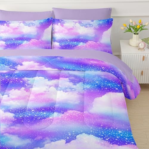 QOOMO Purple Clouds 7 Pieces Comforter Set Full Size,Galaxy Bedding Set
