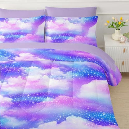 QOOMO Purple Clouds 7 Pieces Comforter Set Full Size,Galaxy Bedding Set