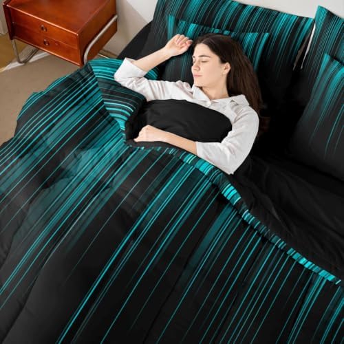 Feelyou Neon Teal Black Comforter Set with Sheets 7 Piece Queen Size Geometric Bedding Set for Kids Boys Girls Ombre Bed in a Bag Room Decor Soft Lightweight Microfiber