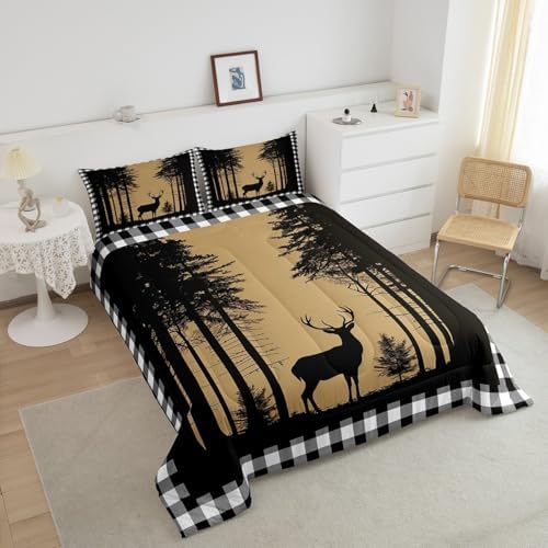 Erosebridal Deer Hunting Down Comforter for Kids, Rustic Elk Moose Quilt Queen Size, Black White Checkered Plaid Bedding Set Country Farmhouse Tree Comforter Set for Boys Teens Adult Bedroom Decor