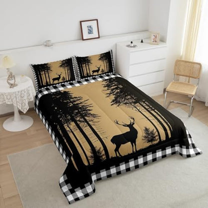 Erosebridal Deer Hunting Comforter Set for Kids, Rustic Elk Moose Quilt Twin Size, Black White Checkered Plaid Bedding Set Country Farmhouse Tree Down Comforter for Boys Teens Adult Bedroom Decor