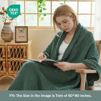 EMME Muslin Blankets for Adults Throw Blanket for Couch Breathable Gauze Soft Lightweight Airy Forest Green King 108" x 90"