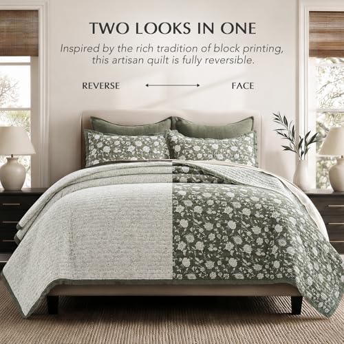 EverGrace 100% Cotton Floral Quilt Set, Queen Size, Sage Green 92"×96"
