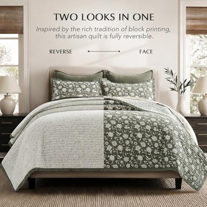 EverGrace 100% Cotton Floral Quilt Set, King Size, Sage Green 108"×96"