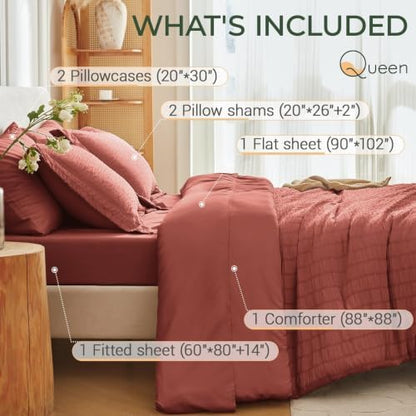 MUXHOMO 7 Pieces Queen Comforter Set, Seersucker Bed in a Bag Queen Size, All Season Luxury Bedding Set with Comforter, Flat Sheet, Fitted Sheet, Pillowcases & Shams, Coral