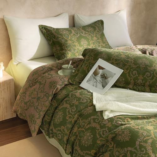VM VOUGEMARKET Olive Green Duvet Cover Set King,Reversible Medallion Flower Print Bedding Set Linen Cotton Yarn-Dyed Textured Bohemian Duvet Cover with Zipper Closure-104 x90