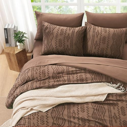 Queen Comforter Set Brown Tufted Boho Bedding Sets Farmhouse 7 Pieces