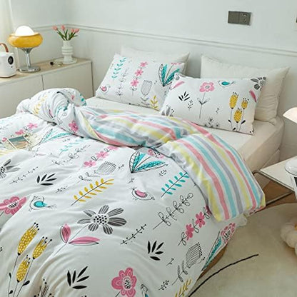 mixinni Girls Flower Leaves Pattern on White Duvet Cover Twin Size Colorful Striped Bedding Comforter Cover Set with Zipper Closure 4 Corner Ties for Teenage Girls (1 Duvet Cover + 2 Pillowcases)